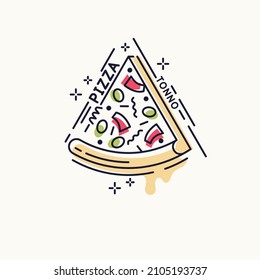 Drawing of pizza. A slice of fresh delicious pizza. A poster with a picture of food.
