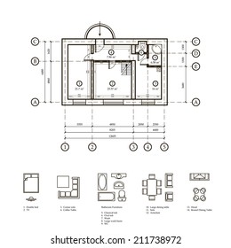 Drawing plan apartments. Furniture. Load-bearing walls and partitions with bindings.  Stock vector. Icon. Image. Picture. Illustration. 
