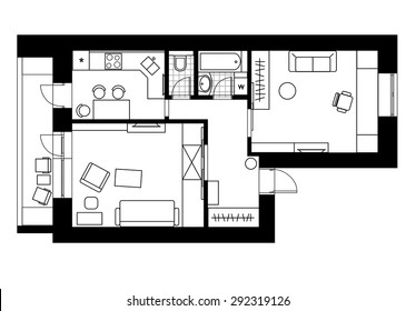 Drawing plan interior of the apartment with one bedroom. Vector illustration