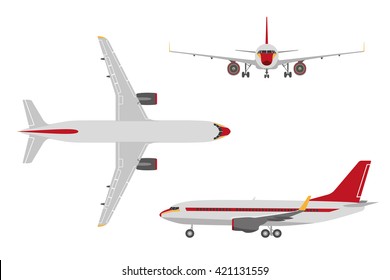 Drawing plane in a flat style on a white background. Top view, front view, side view. Vector illustration