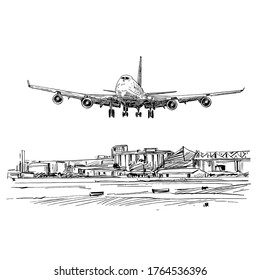 Drawing of the plane landing at the airport in Vietnam 
