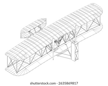 A drawing of a plane with a white background. The plane is a biplane with a large wing. Isometric view