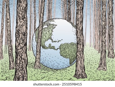Zeichnung des Planeten Erde unter Bäumen in einem Wald, Vektorgrafik