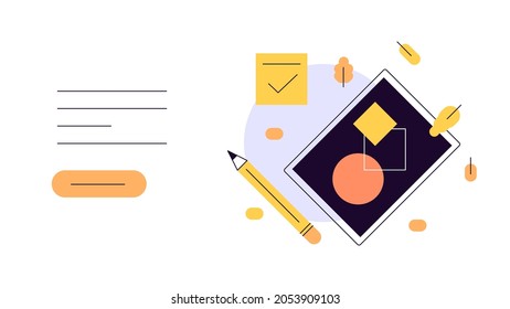 Drawing. Planning. Tablet with pencil and task note. Autumn Still life. Objects on table. Flat illustration. Presentation slide. Infographic banner. Vector file.