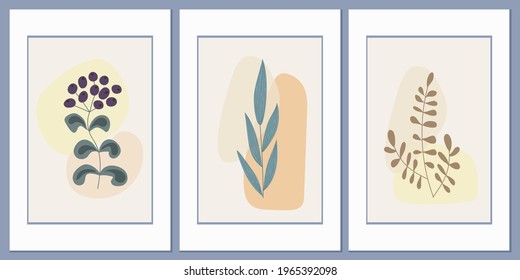 Drawing of a plant, botanical element. Field grass on the background of abstract geometric shapes. Boho minimalism. Vector wall art for postcards, wall art, interior card.
