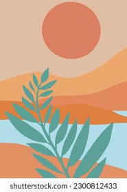 Zeichnung einer Pflanze im Vordergrund. Hinter dem Fluss und der Sonne in Pastelltönen. Poster-Stil
