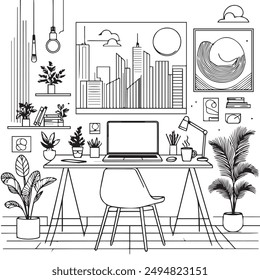 a drawing of a plant and a laptop with a picture of a plant in the middle.