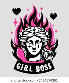 Drawing of a plaster head in flames with a hand-drawn "girl boss" inscription. Vaporwave contemporary style print for a t-shirt. 