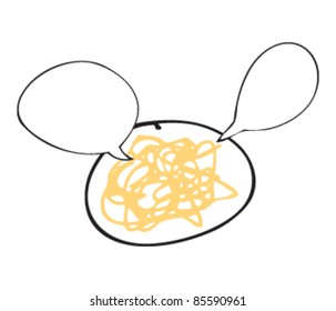 drawing of a plate of spaghetti with speech bubbles