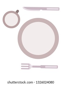 Drawing plates with mug, fork and spoon, table setting on a white background.