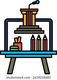 A drawing of a podium with a microphone and a microphone stand. The drawing also includes a desk with a pen, pencils, and a cup. Concept of a presentation or speech, with the podium