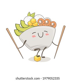 Drawing of a poke bowl. Kawaii food illustration. Smiling food bowl with chopsticks