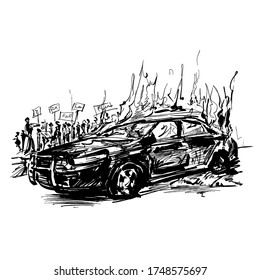 Drawing of the police car is burning and show protesters around in America 