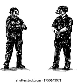 Drawing of the polices are standing protecting from protesters 