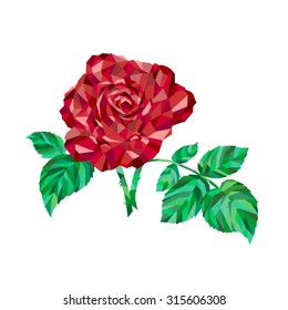 Drawing polygon blossomed rose bud with leaves and spikes of different shades of red and green