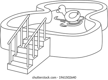 Zeichnen Pool und Entencartoon Vektorgrafik. isolierter Hintergrund