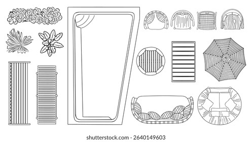 A drawing of a pool and patio with a variety of items including a chair, umbrella, and a bench. vector hand sketch style illustrations, landscape design icons isolated on white background
