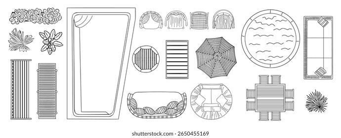 A drawing of a pool and patio with a variety of items including a chair, umbrella, and a bench. vector hand sketch style illustrations, landscape design icons isolated on transparent background