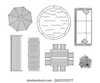 Um desenho de uma piscina e pátio com uma variedade de itens, incluindo uma cadeira, guarda-chuva e um banco. ilustrações de estilo de esboço à mão de vetor, ícones de design de paisagem isolados sobre fundo branco