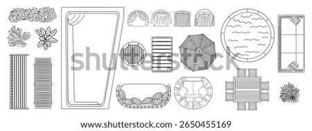 A drawing of a pool and patio with a variety of items including a chair, umbrella, and a bench. vector hand sketch style illustrations, landscape design icons isolated on transparent background