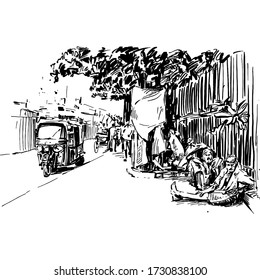 Drawing of poor people are siting along street in India