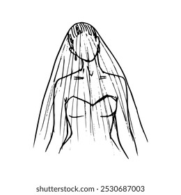 drawing portrait of a bride with a veil and her head tilted to the side, full-face perspective - hand drawn line sketch