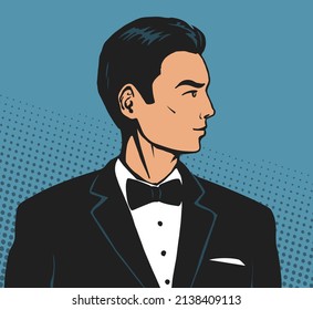 Drawing portrait of an elegant gentleman. Young handsome man in a tuxedo and bow tie. Vector pop art color illustration hand drawn