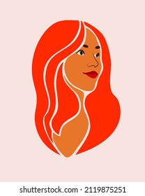 Retrato de dibujo de una muchacha con el pelo rojo, la cara de una muchacha mirando lejos, arte para cuadros de cuadros, cosméticos, moda, afiches, mujer con labios rojos y una ligera sonrisa. Ilustración del vector