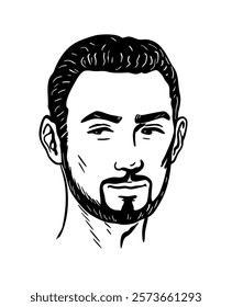 Drawing portrait of a young man. The face of a brunette with a beard. Vector art illustration. Black and white sketch hand drawn