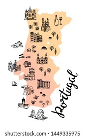 Drawing Portugal map with portuguese cities, buildings and landmarks. Illustrated detailed map of Portugal country. 