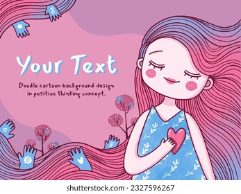 Drawing of positive woman doodle. Background illustration for text. Emotional state.