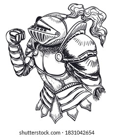 Dibujo de la armadura poseída por un poltergeist, con un gesto enojado porque alguien lo despertó!