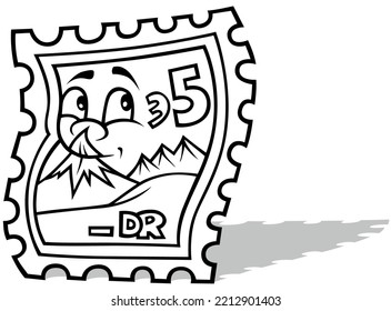 Drawing of Postage Stamp with Face and Image - Cartoon Illustration Isolated on White Background, Vector