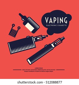 Drawing and poster of Electronic cigarette. Vaping store and a bar. Elements and icons, vector illustration.