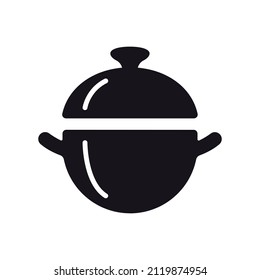 Drawing Pot For Food, Saucepan Icon, Potty Silhouette In The Form Of A Cauldron, Cutlery And For The Kitchen. Isolated Pan On A White Background. Vector Graphics