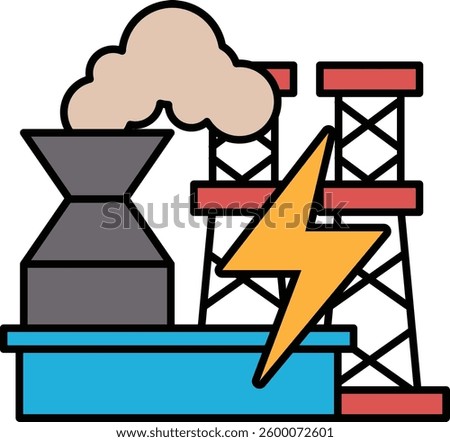 A drawing of a power plant with a cloud of smoke and a lightning bolt. Scene is ominous and foreboding
