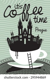 Drawing with Prague in a cup of coffee