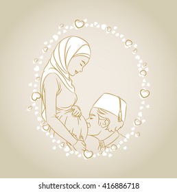 Drawing of a pregnant woman with hijab and her husband with tarbush showing affection in a frame of hearts