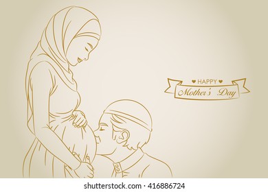 Drawing of a pregnant woman with hijab and her husband with taqiyah showing affection 