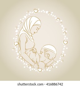 Drawing of a pregnant woman with hijab and her husband with taqiyah showing affection in a frame of hearts