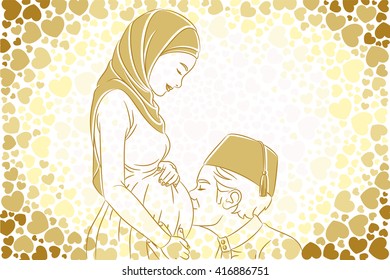 Drawing of a pregnant woman with hijab and her husband with tarbush showing affection in a background of hearts