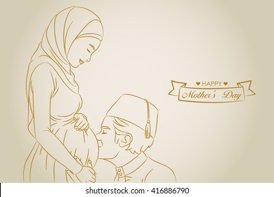 Drawing of a pregnant woman with hijab and her husband with tarbush showing affection 