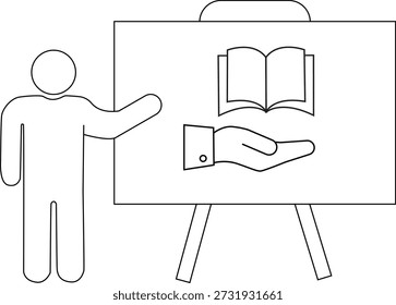 Desenho do apresentador aponta para o cavalete com o livro acima da mão