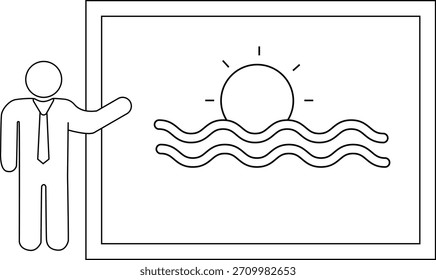 Drawing presenter points to a sun over water in a frame