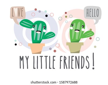 Drawing of a pretty cactus greeting. Modifiable text. Editable vector.