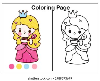 Dibujando la página de colorear la princesa dibujos animados niños pequeños se cepillan su cabello diario rutina kawaii vector. Serie cuento de hadas Hermoso personaje (Doodle Girly girl) aislado de fondo blanco. Dibujo manual.