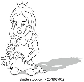 Drawing Princess and Sunflower in her Hand Sitting the Ground    Cartoon Illustration Isolated White Background  Vector