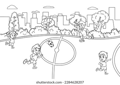 Drawing to print and paint of Children playing a game of soccer outdoors.