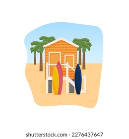 Dibujo para imprimir una acogedora casa vectorial cerca del mar. Casa de dibujos animados junto al mar, palmeras, tablas de surf