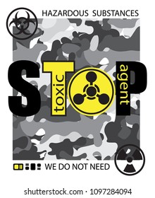 Drawing for printing. The word stop on the camouflage background. Icons of poisonous substances. Against the proliferation of weapons.
